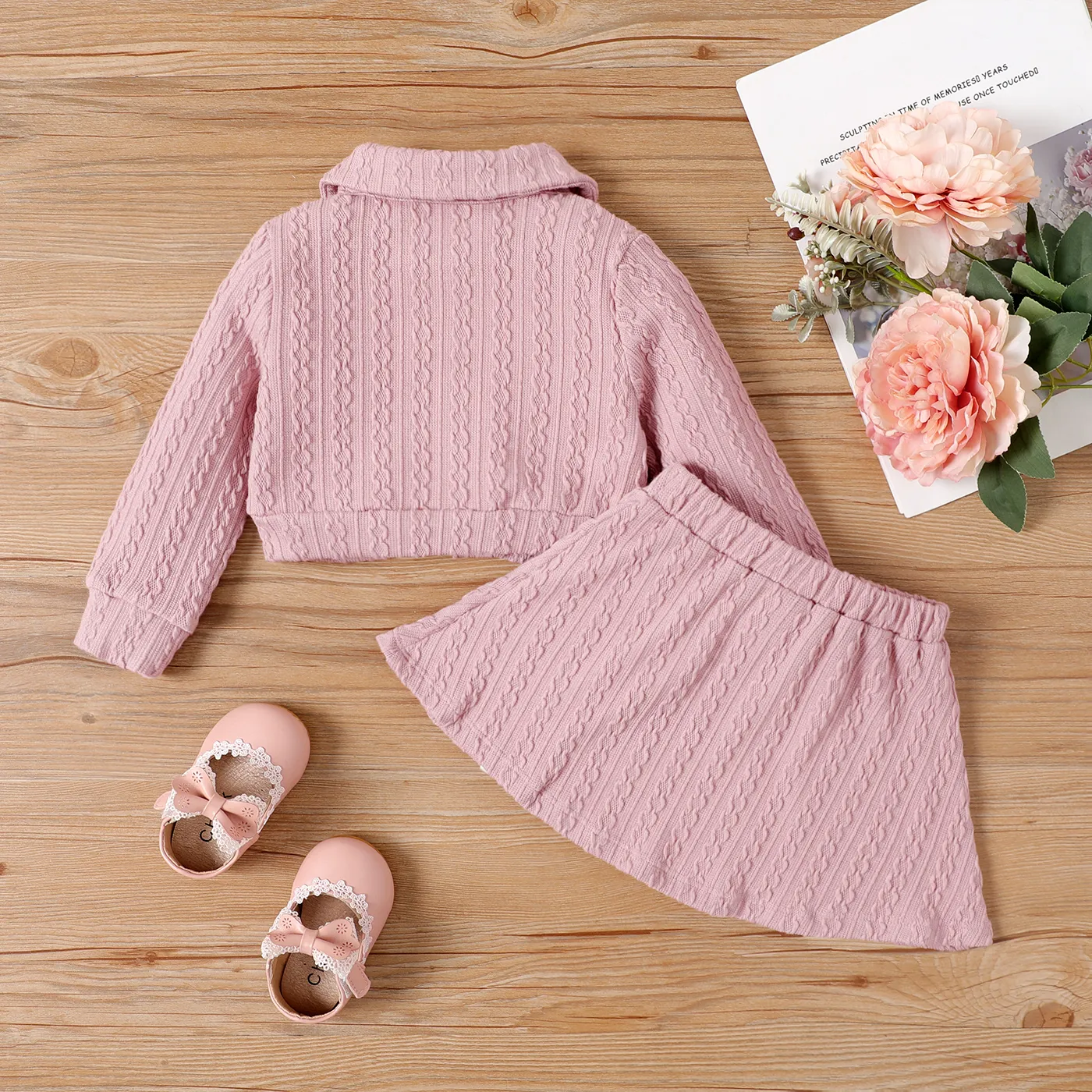 2pcs Baby Girl Buttons Front Solid Textured Jacket and Bow Decor Skirt Set Dark -Pink image 2
