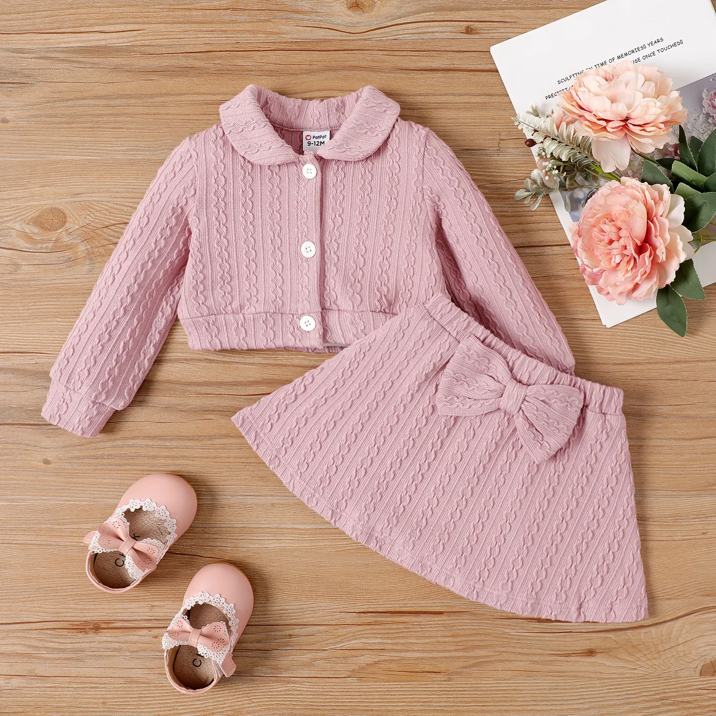 2pcs Baby Girl Buttons Front Solid Textured Jacket and Bow Decor Skirt Set Dark -Pink big image 1