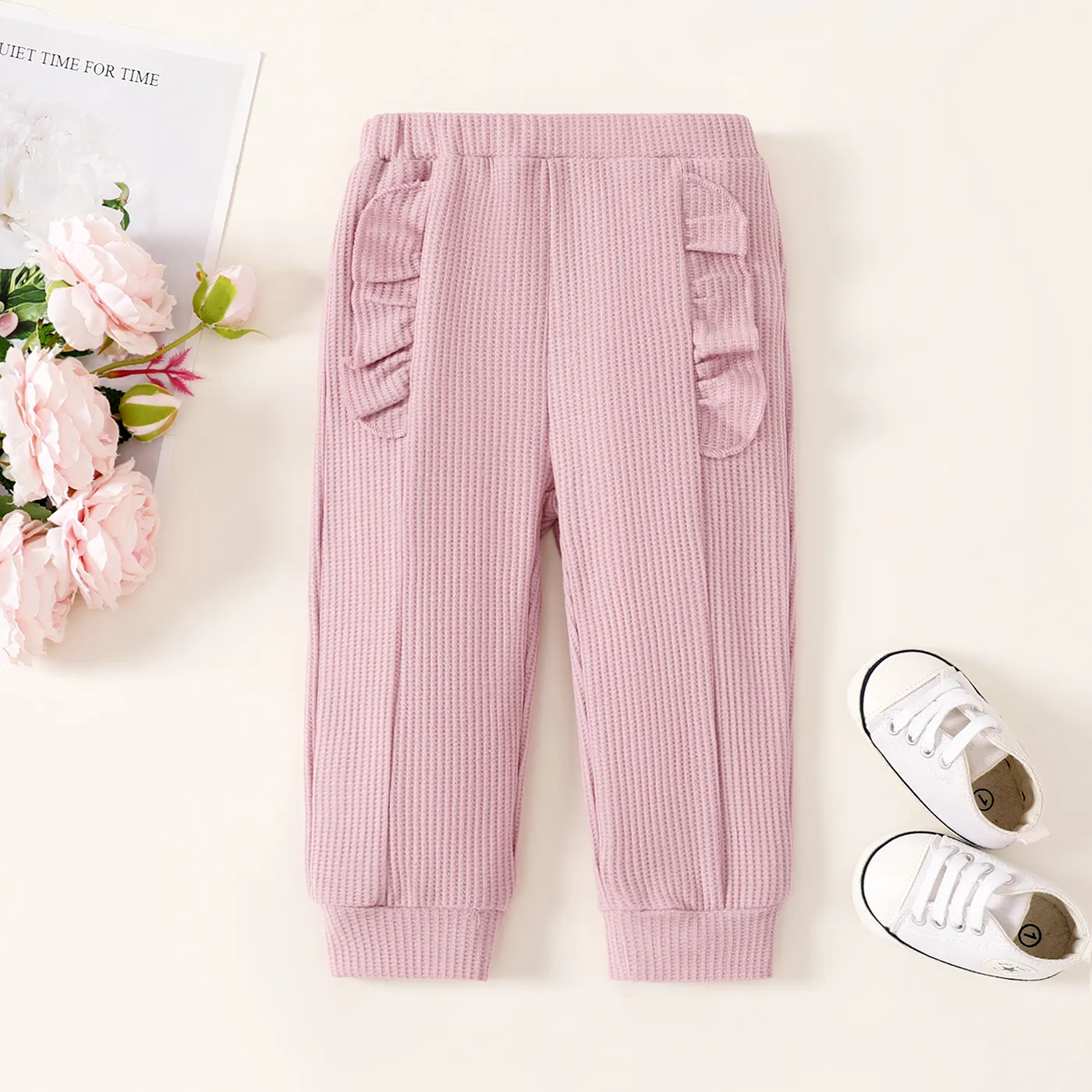 Baby Girl Waffle Solid Casual Pants  big image 1