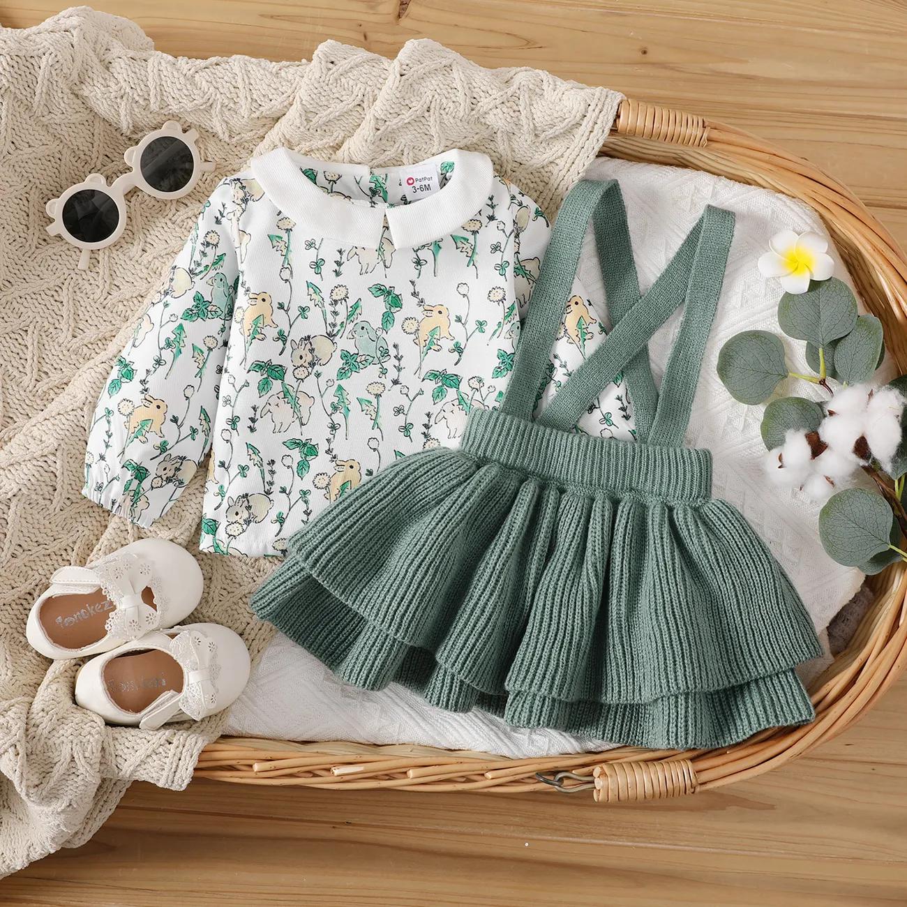 2pcs Baby Girl Allover Floral & Animal Print Long-sleeve Sweater and Solid Strappy Skirt Set Green big image 1
