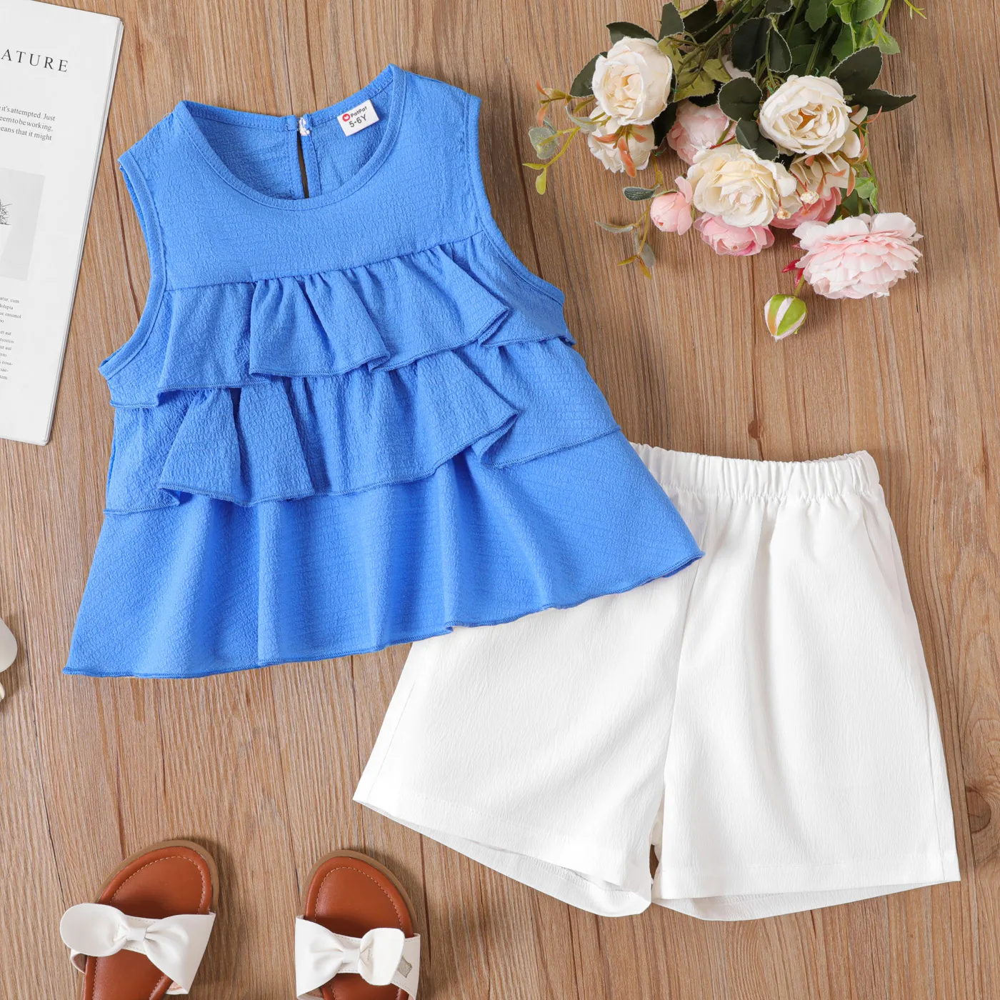 2pcs Kid Girl Solid Ruffled Layered Tank Top and Shorts Set   Blue big image 1