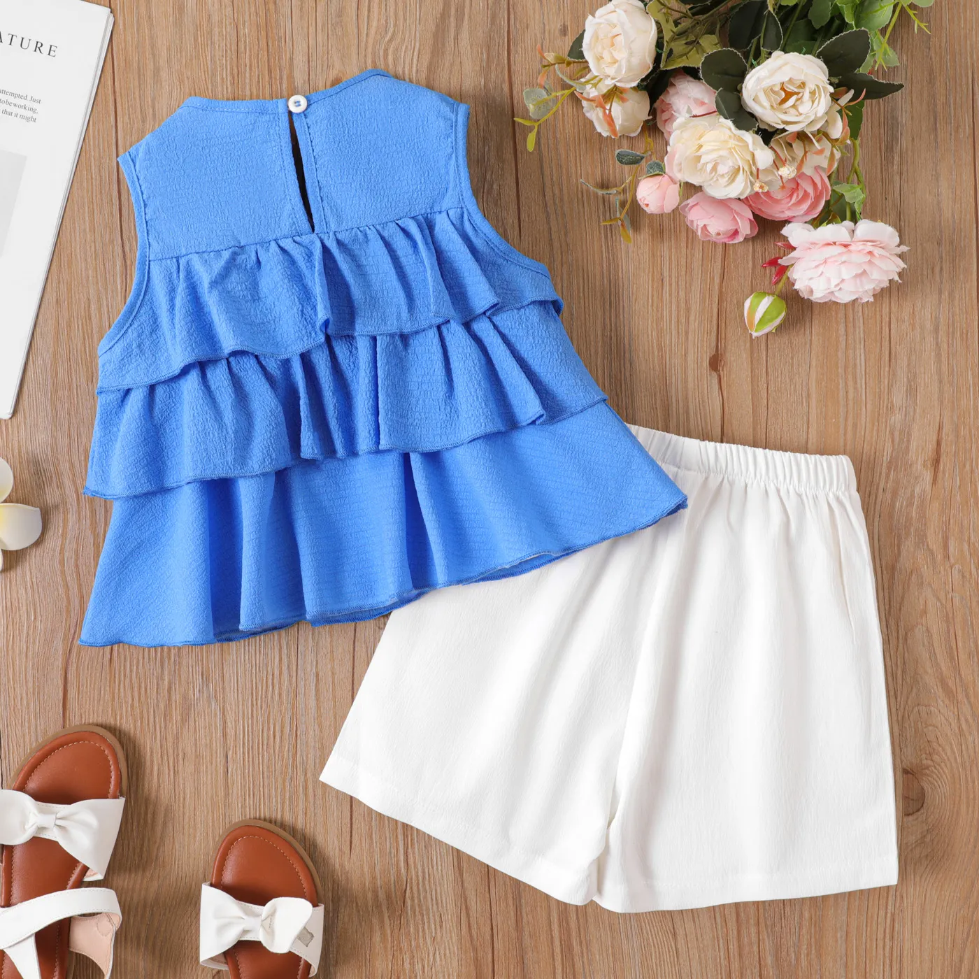 2pcs Kid Girl Solid Ruffled Layered Tank Top and Shorts Set   Blue image 2