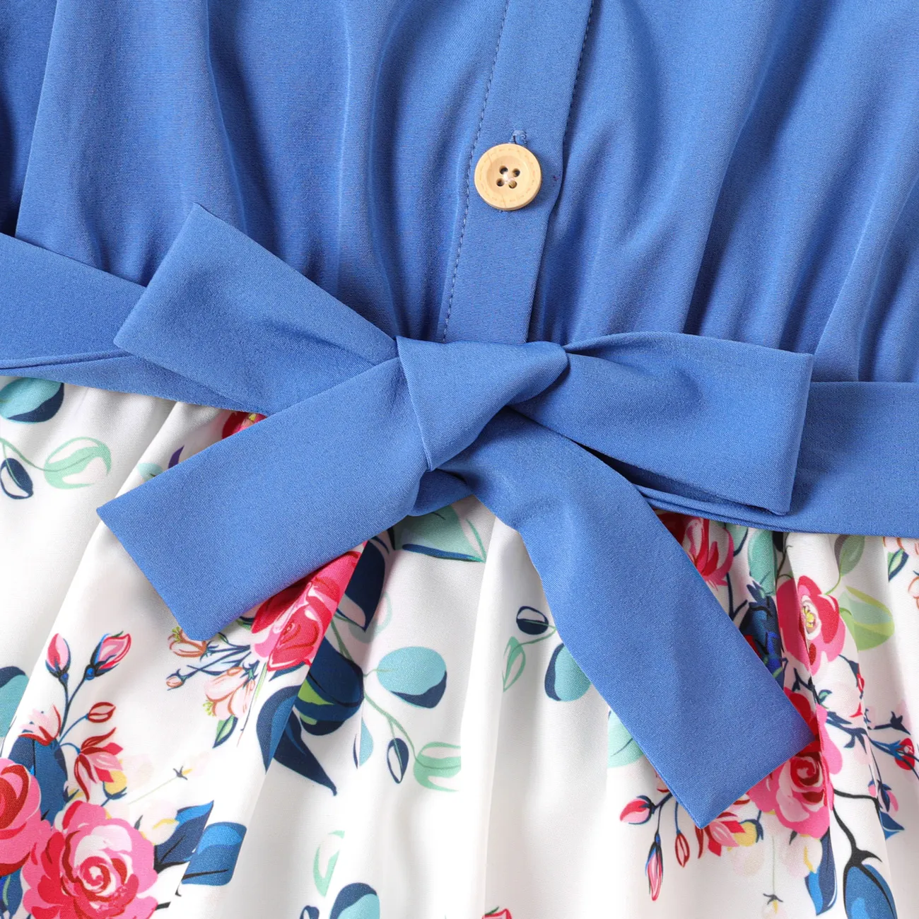 Kid Girl Ruffled Floral Print Splice Belted Flutter-sleeve Dress Blue big image 1