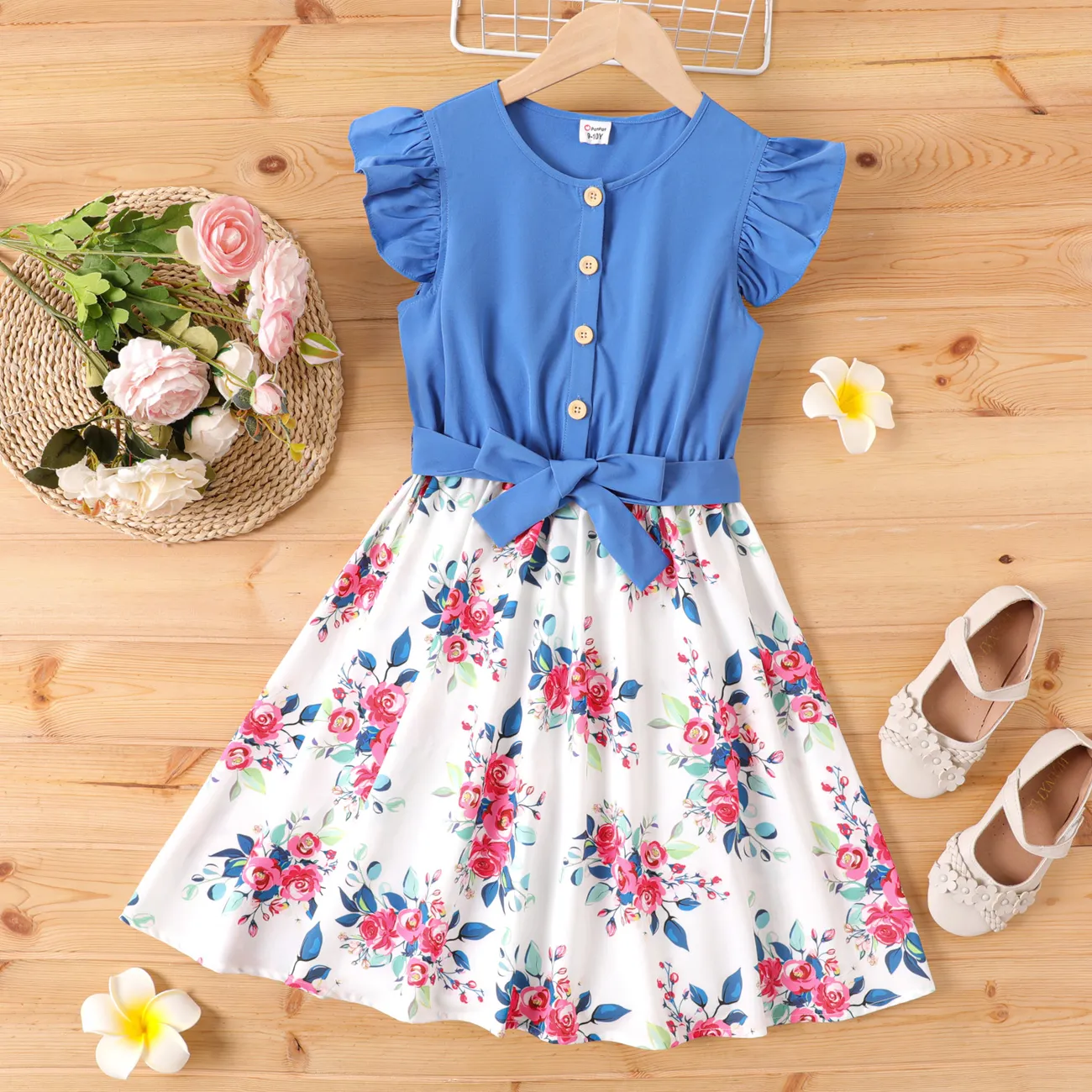 大童 女 喇叭袖 植物花卉 連衣裙 藍色 big image 1