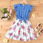 Kid Girl Ruffled Floral Print Splice Belted Flutter-sleeve Dress Blue