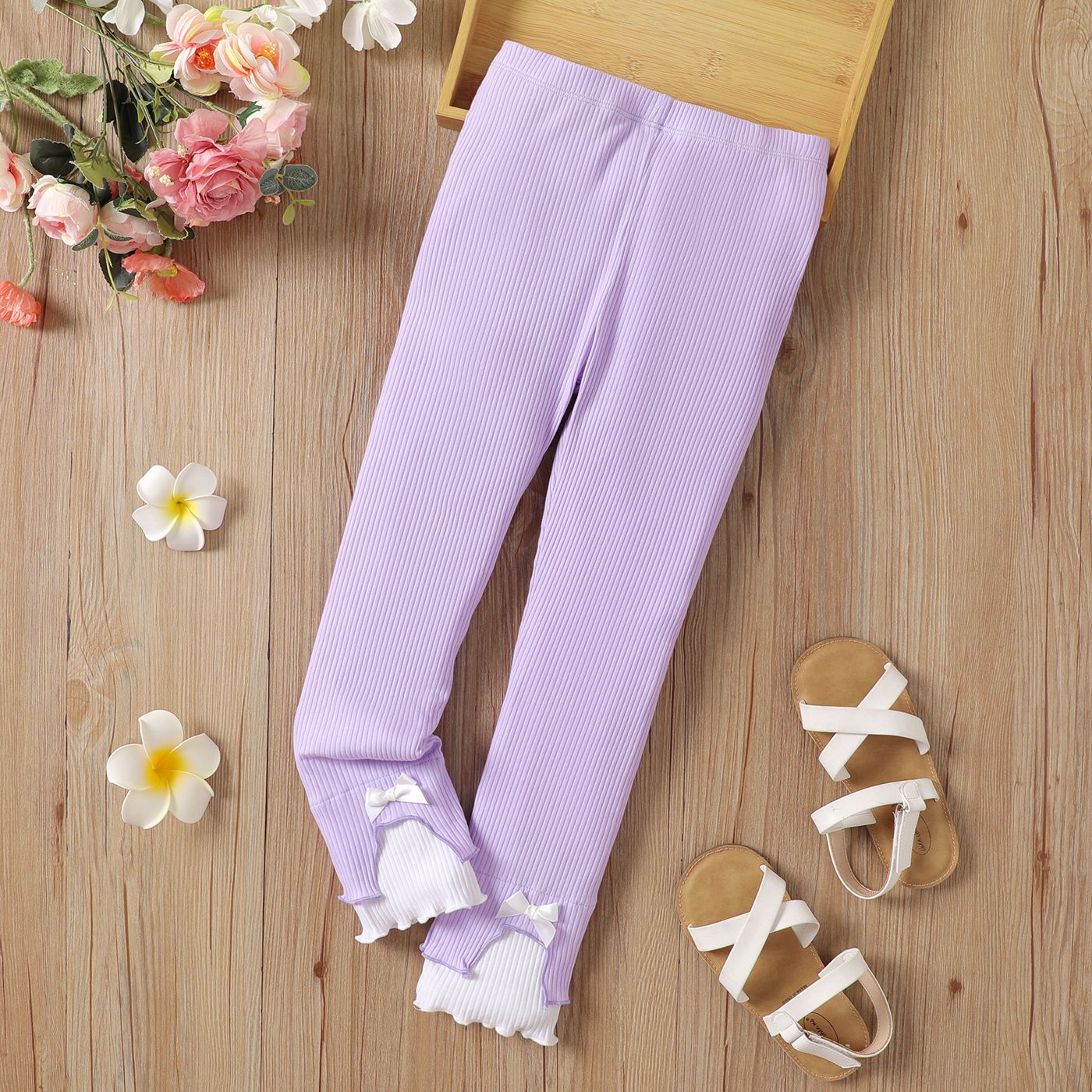 Kid Girl Cotton Ribbed Bow Decor Solid Leggings