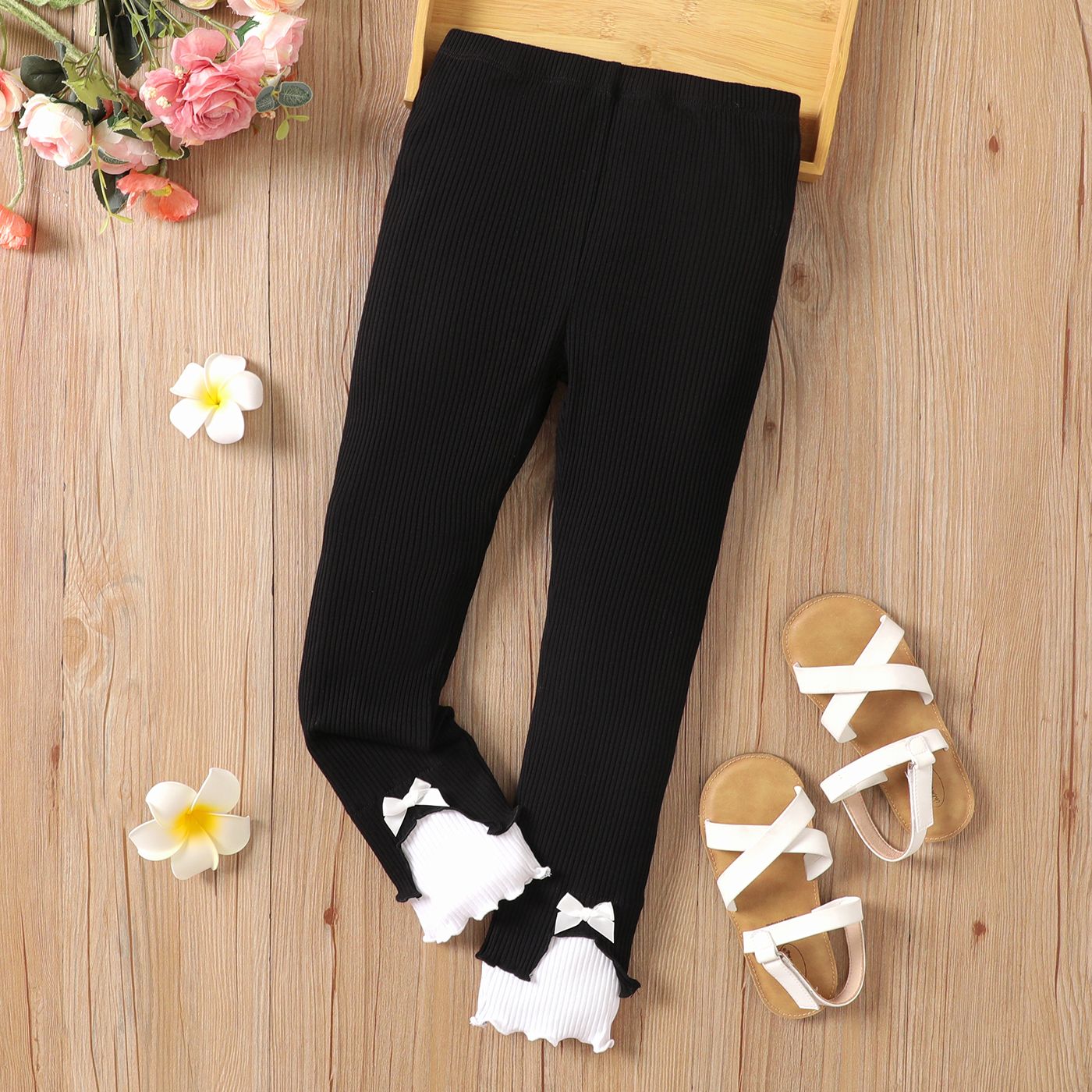 Kid Girl Cotton Ribbed Bow Decor Solid Leggings