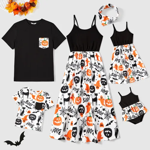 Halloween Fmaily Matching Spaghetti Strap Pumpkin Sleeveless Dresses and Short Sleeve Tops Sets