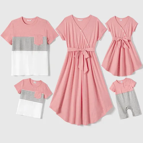 Family Matching Pink Curved Hem Short-sleeve Belted Dresses and Colorblock Striped T-shirts Sets