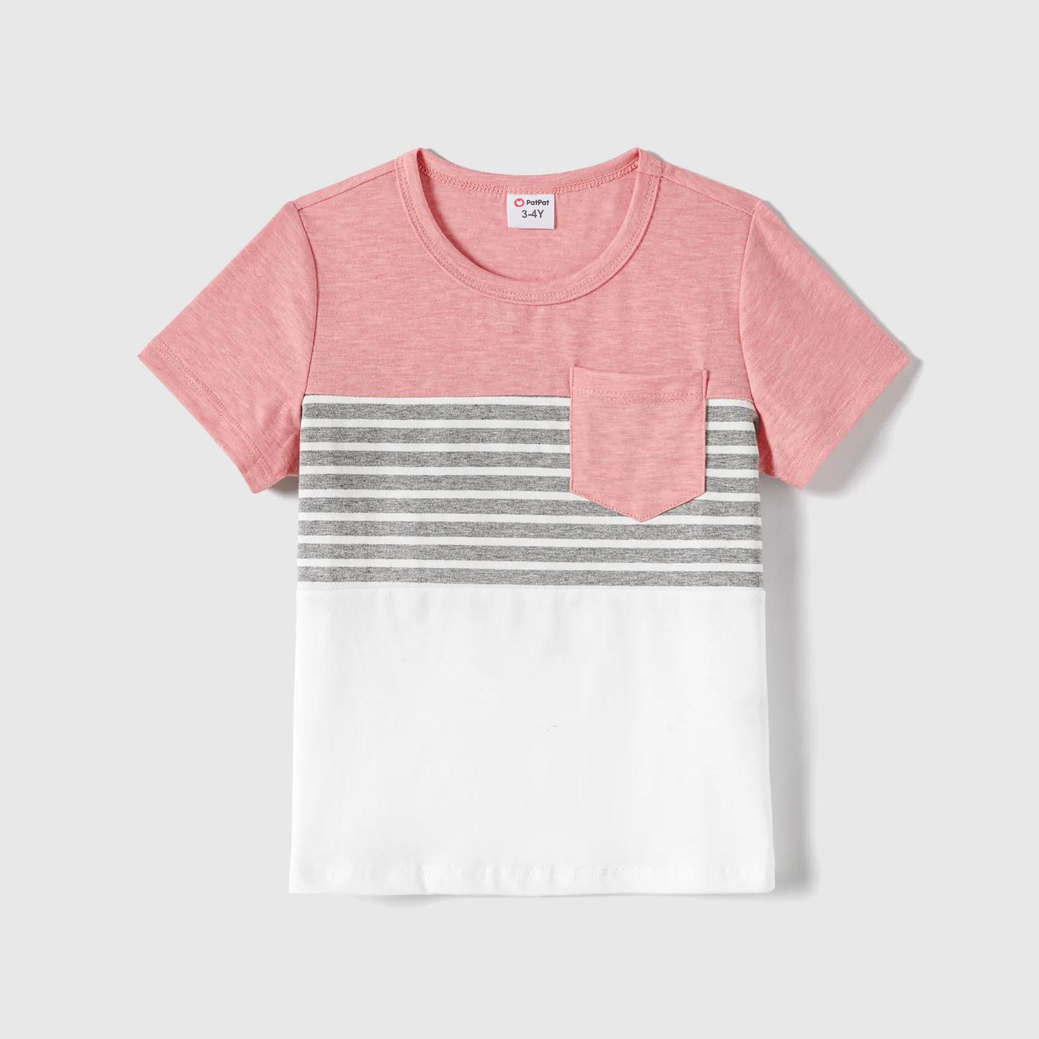 Family Matching Pink Curved Hem Short-sleeve Belted Dresses And Colorblock Striped T-shirts Sets