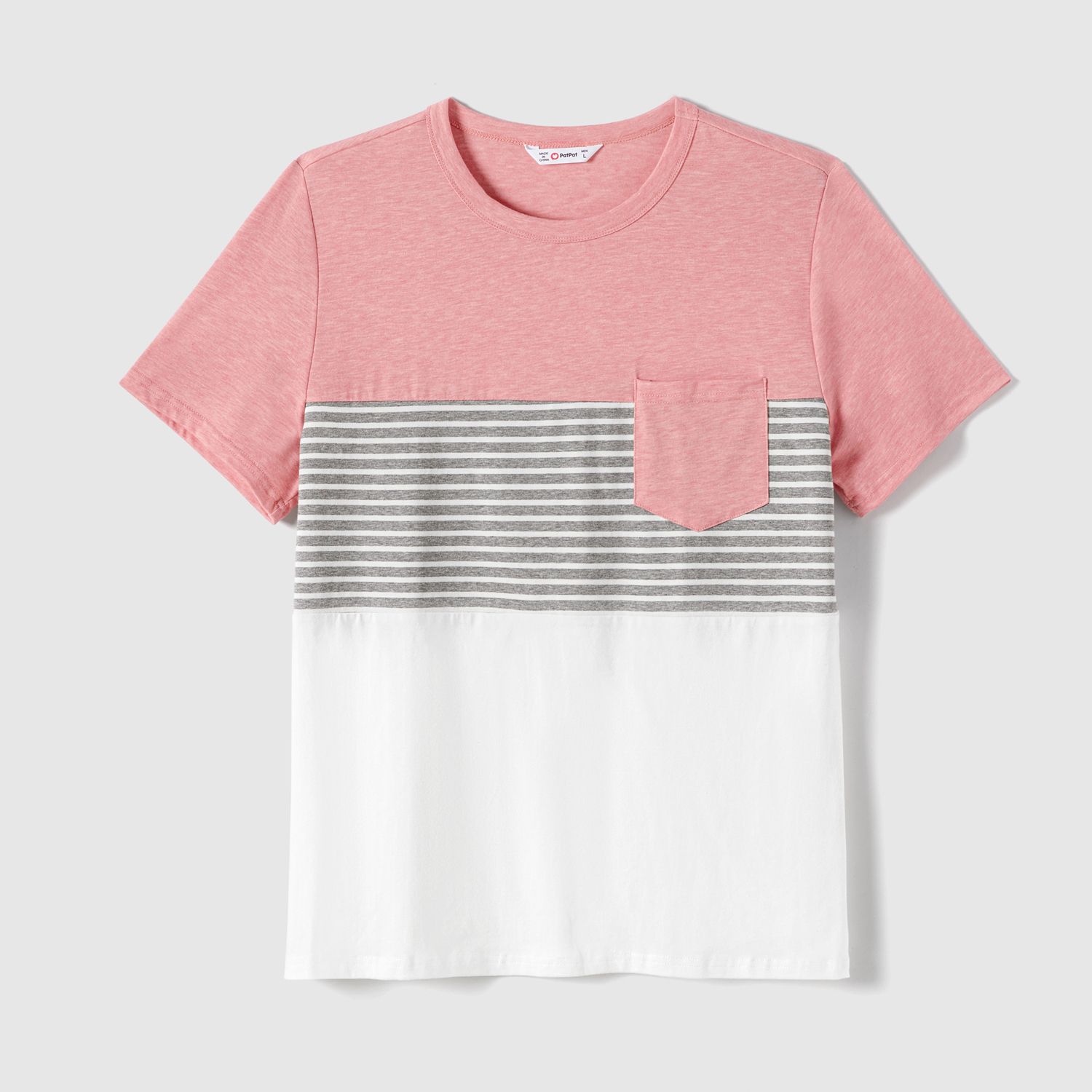 Family Matching Pink Curved Hem Short-sleeve Belted Dresses And Colorblock Striped T-shirts Sets