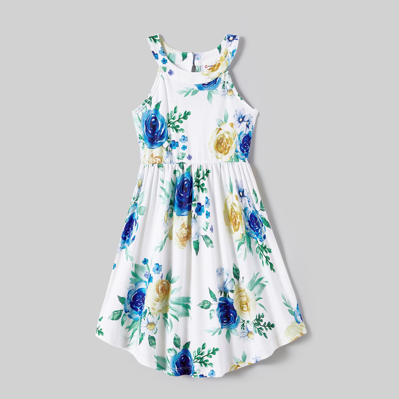 Family Matching Allover Floral Print Drawstring Waist Halter Neck Dresses And Color Block Short-sleeve T-shirts Sets