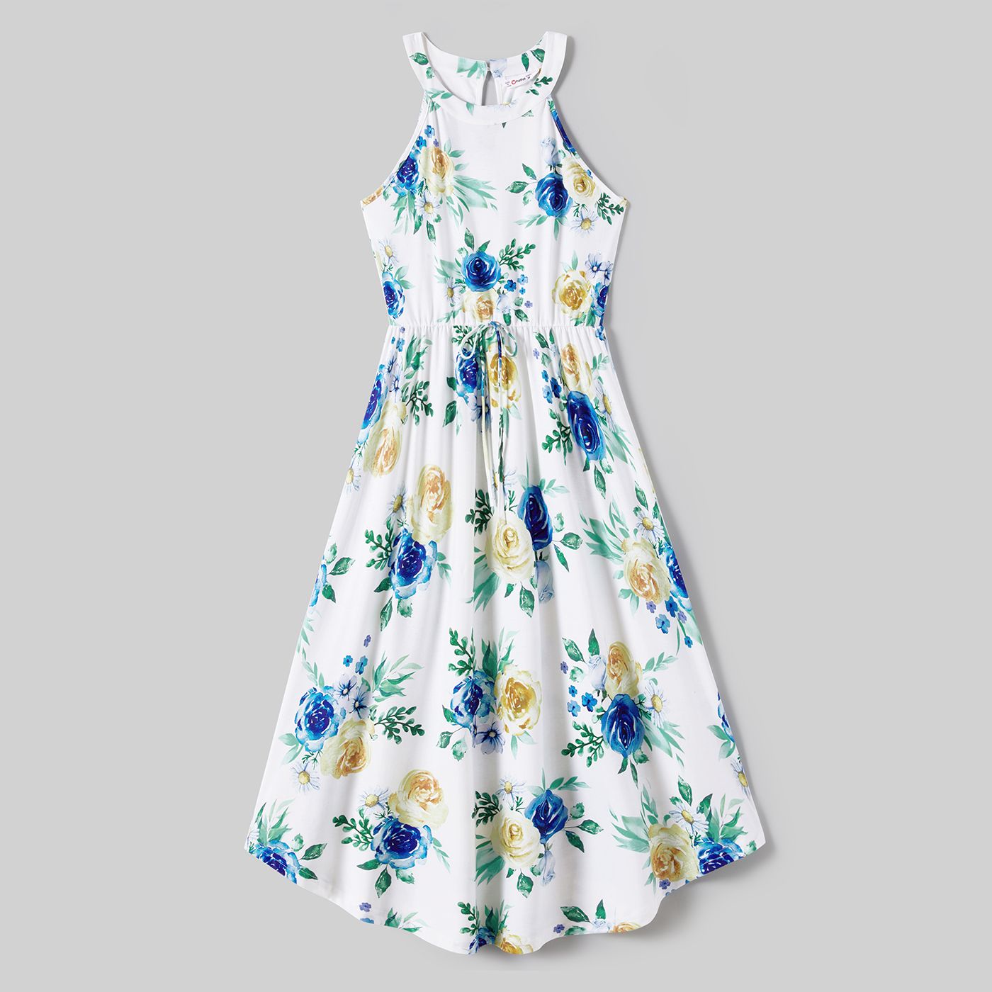 Family Matching Allover Floral Print Drawstring Waist Halter Neck Dresses And Color Block Short-sleeve T-shirts Sets