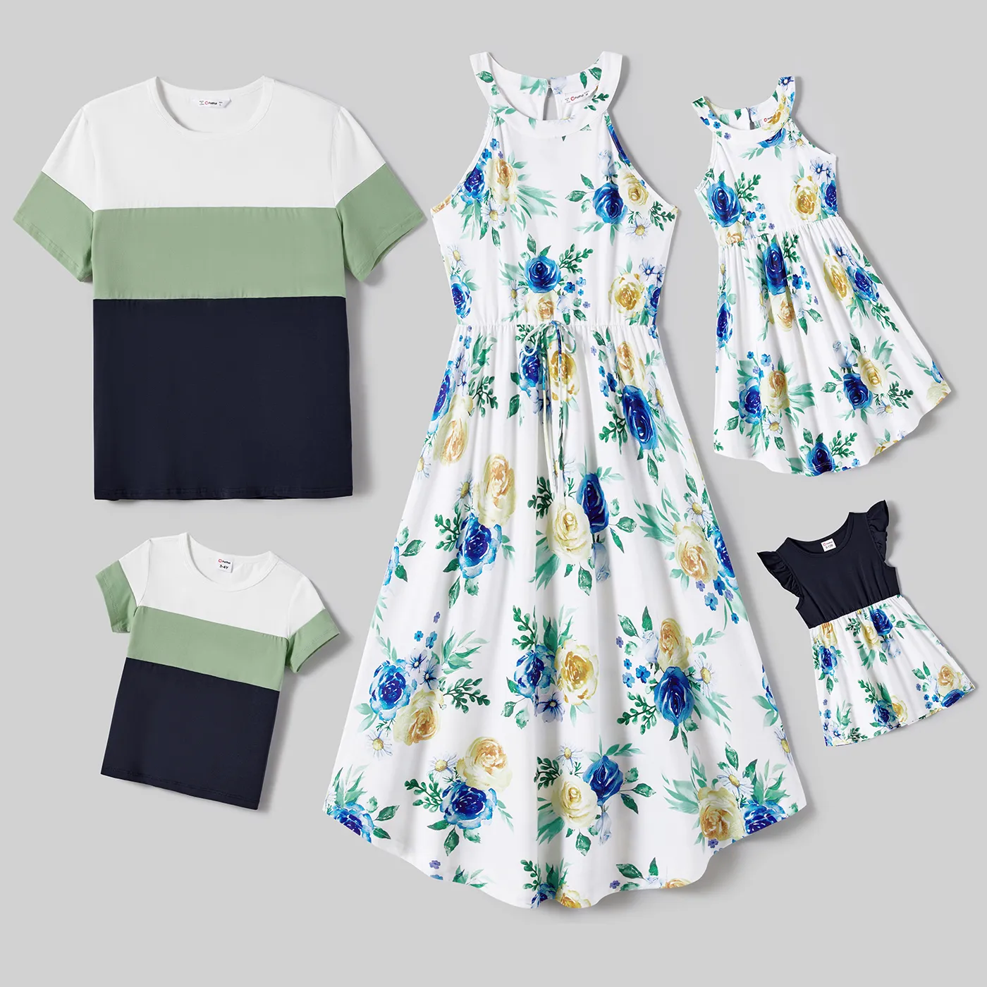 Family Matching Allover Floral Print Drawstring Waist Halter Neck Dresses and Color Block Short-sleeve T-shirts Sets MultiColour image 2