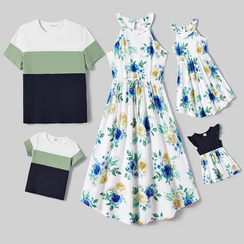 Family Matching Allover Floral Print Drawstring Waist Halter Neck Dresses and Color Block Short-sleeve T-shirts Sets