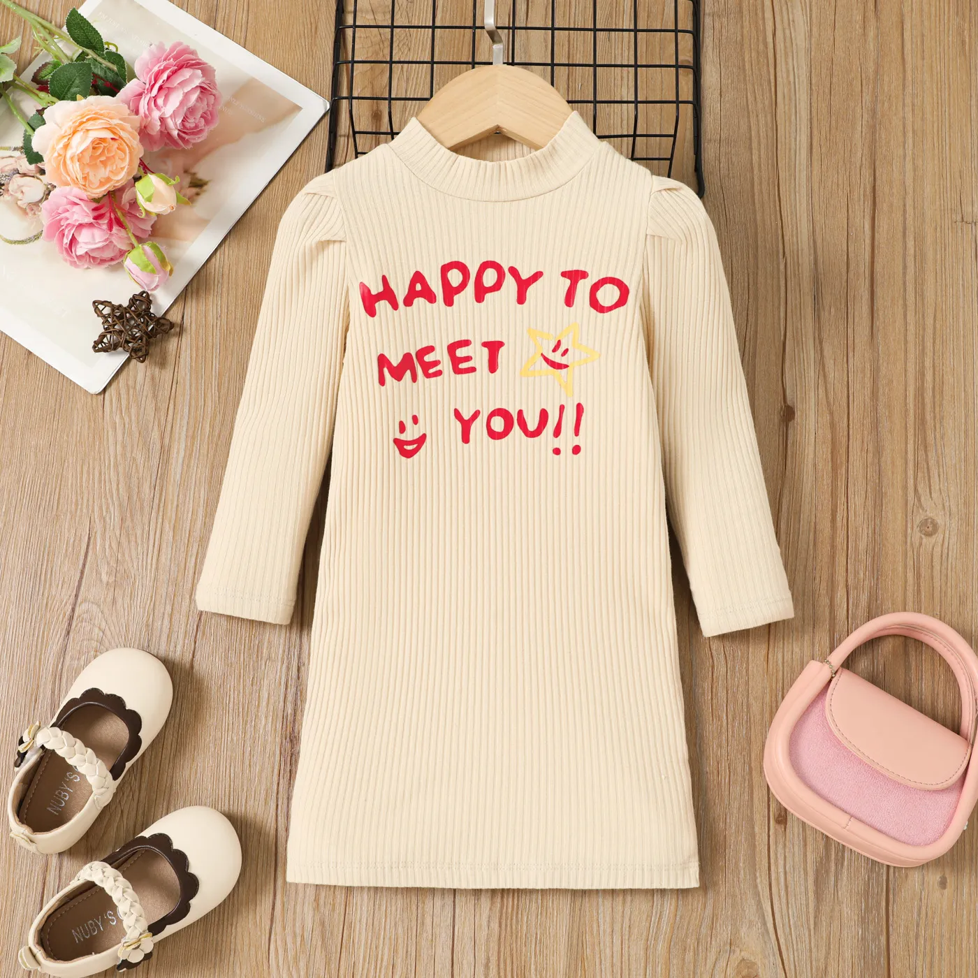 Toddler Girl Letter Pattern Cotton Puff Long Sleeve Dress  big image 1