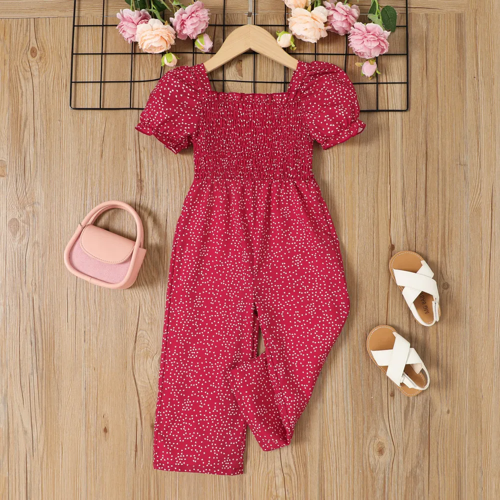 Toddler Girl Allover Heart Print Short-sleeve Smocked Jumpsuit big image 1