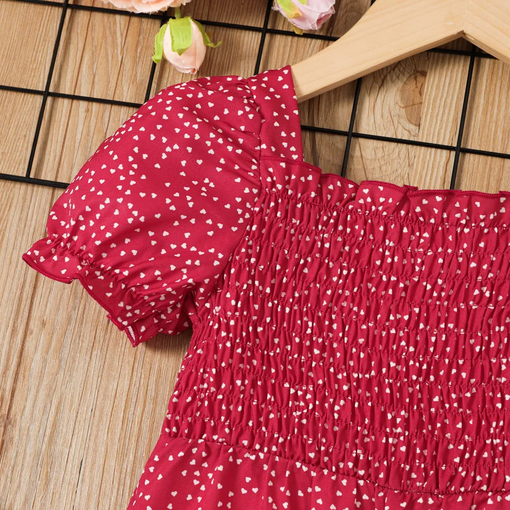 Toddler Girl Allover Heart Print Short-sleeve Smocked Jumpsuit big image 3