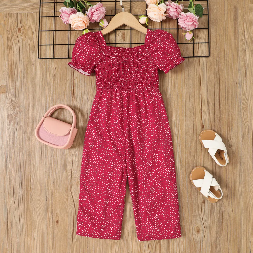 Toddler Girl Allover Heart Print Short-sleeve Smocked Jumpsuit big image 2