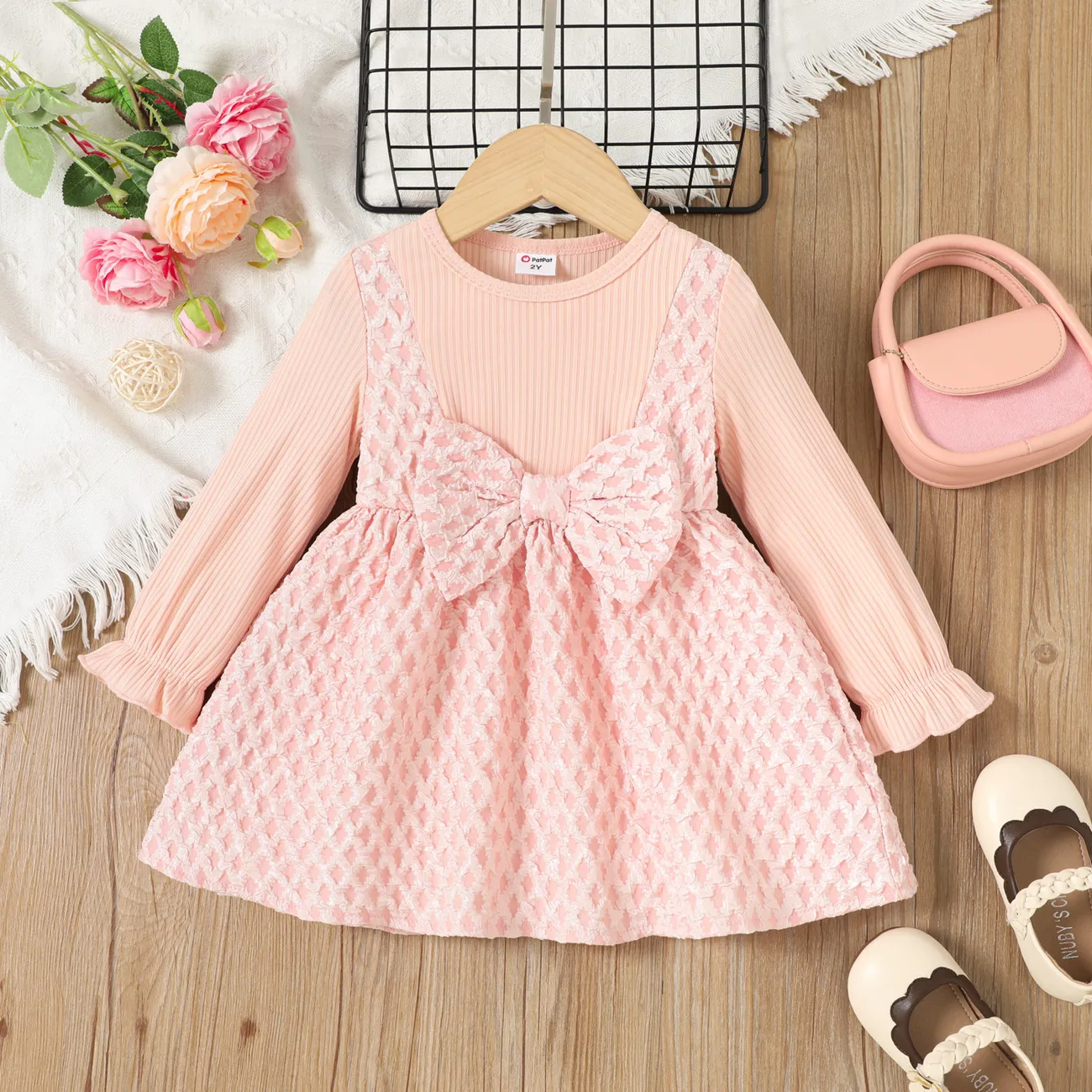 Toddler Girl Solid Faux Layered Dress Pink big image 1