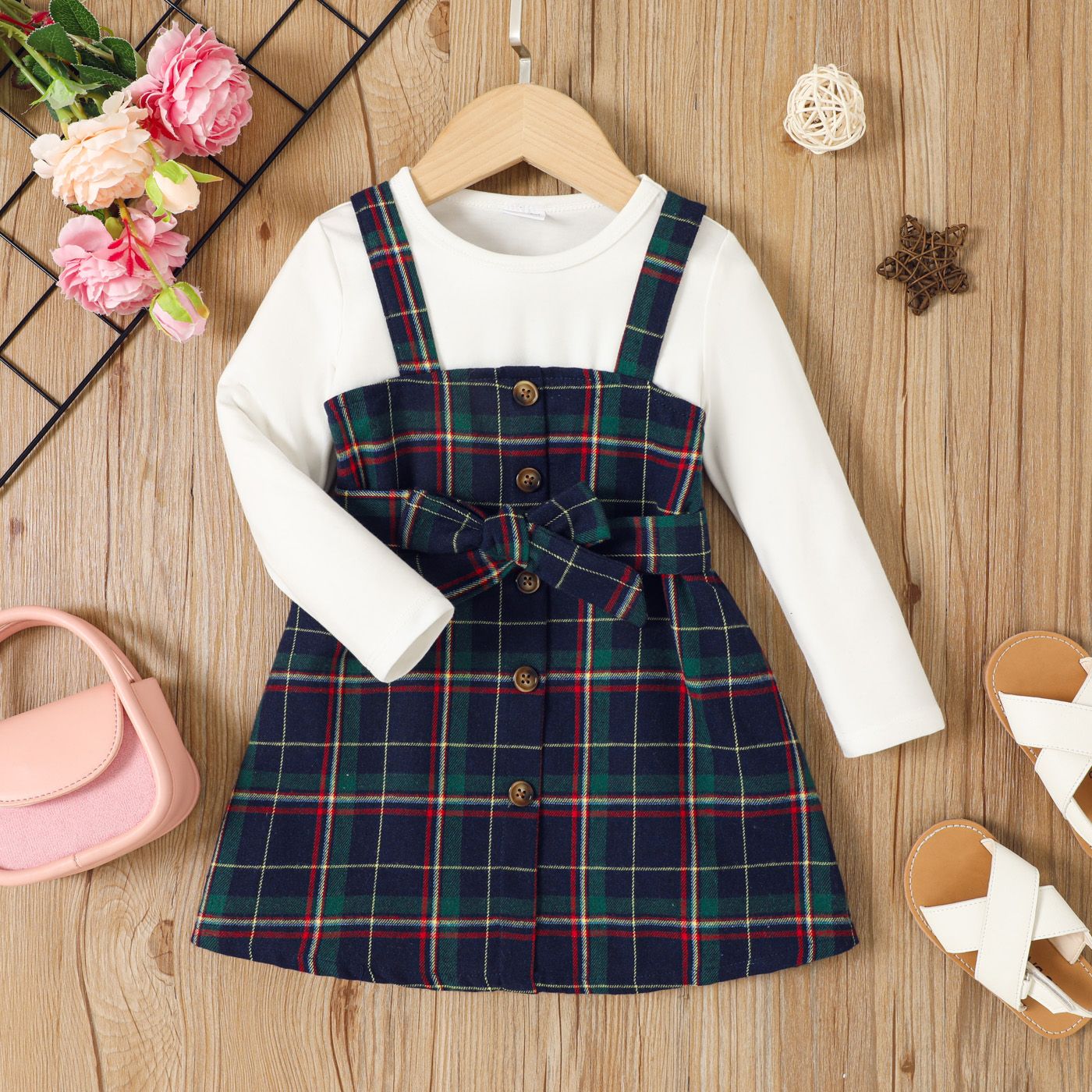 

3pcs Toddler Girl Grid Button Feature Dress
