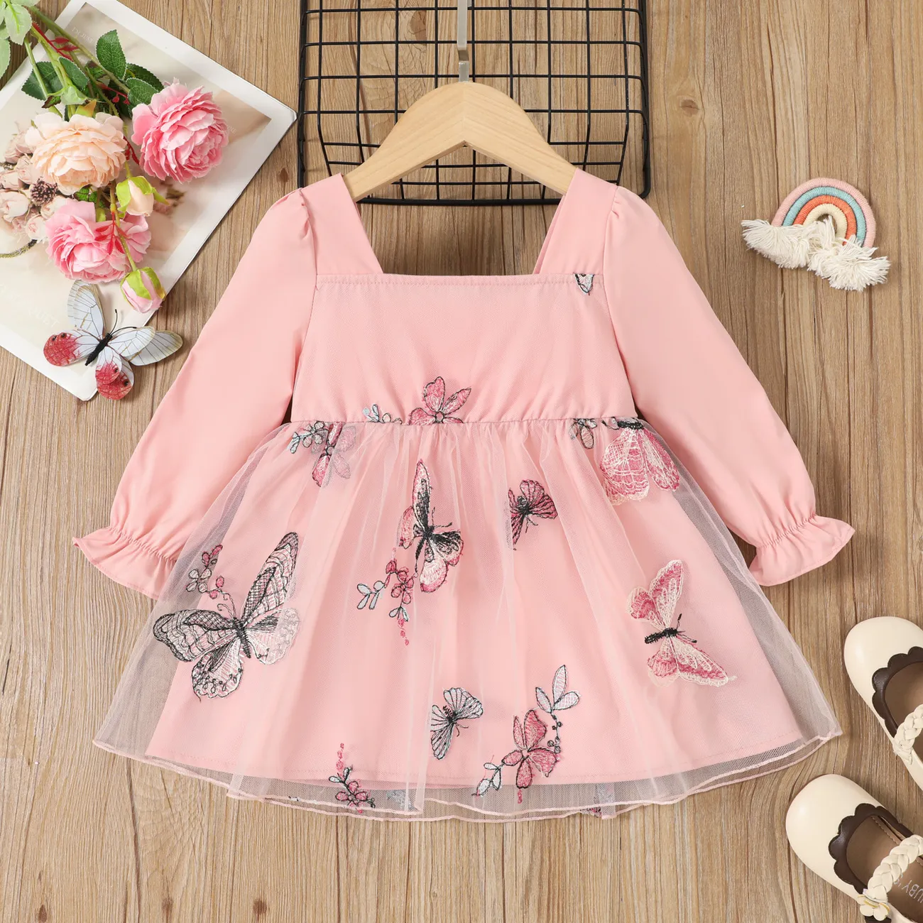 Toddler Girl Butterfly Embroidery Square Collar Ruffle Mesh Long-sleeve Fairy Dress Pink big image 1