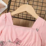 Toddler Girl Butterfly Embroidery Square Collar Ruffle Mesh Long-sleeve Fairy Dress Pink image 3