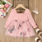 Toddler Girl Butterfly Embroidery Square Collar Ruffle Mesh Long-sleeve Fairy Dress Pink image 2