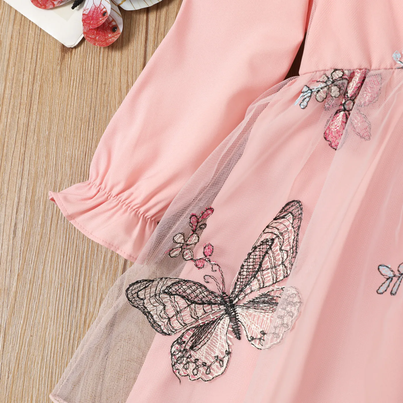 Toddler Girl Butterfly Embroidery Square Collar Ruffle Mesh Long-sleeve Fairy Dress Pink image 4