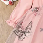 Toddler Girl Butterfly Embroidery Square Collar Ruffle Mesh Long-sleeve Fairy Dress Pink image 4