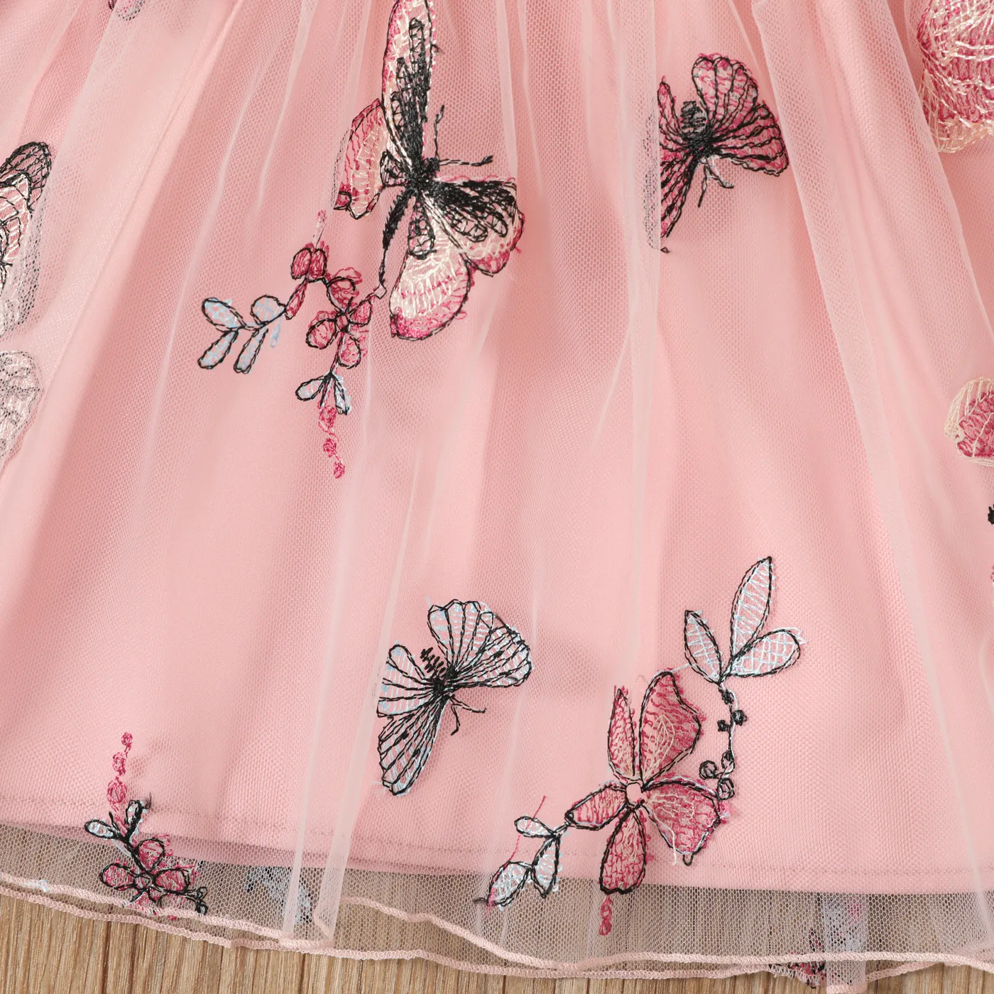 Toddler Girl Butterfly Embroidery Square Collar Ruffle Mesh Long-sleeve Fairy Dress Pink image 5