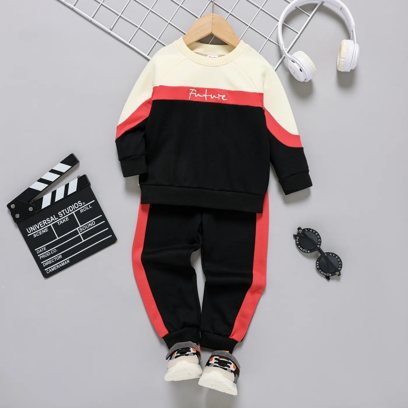 2pcs Toddler Boy Colorblock Pullover Sweatshirt and Pants Set  BlackandWhite big image 1