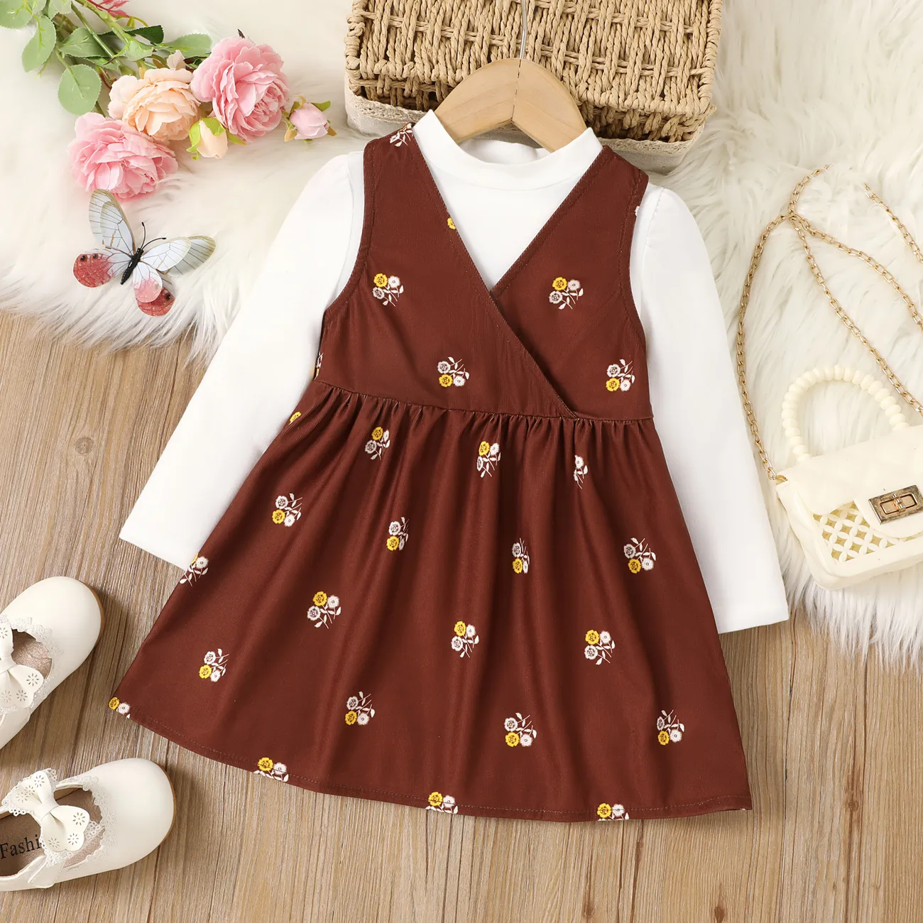 Toddler Girl Stand Collar Floral Long Sleeves Dress Brown big image 1