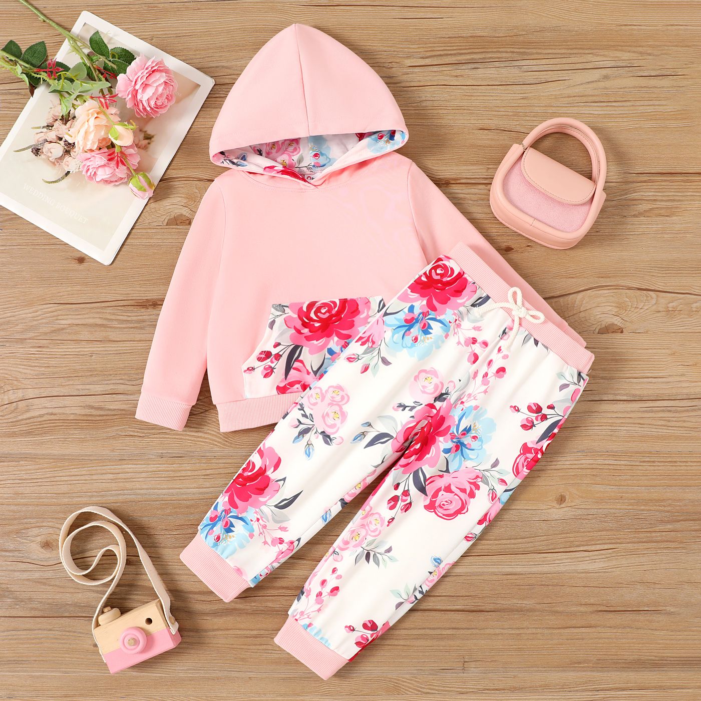 2pcs Toddler Girl Plants And Floral Pattern Hooded Set