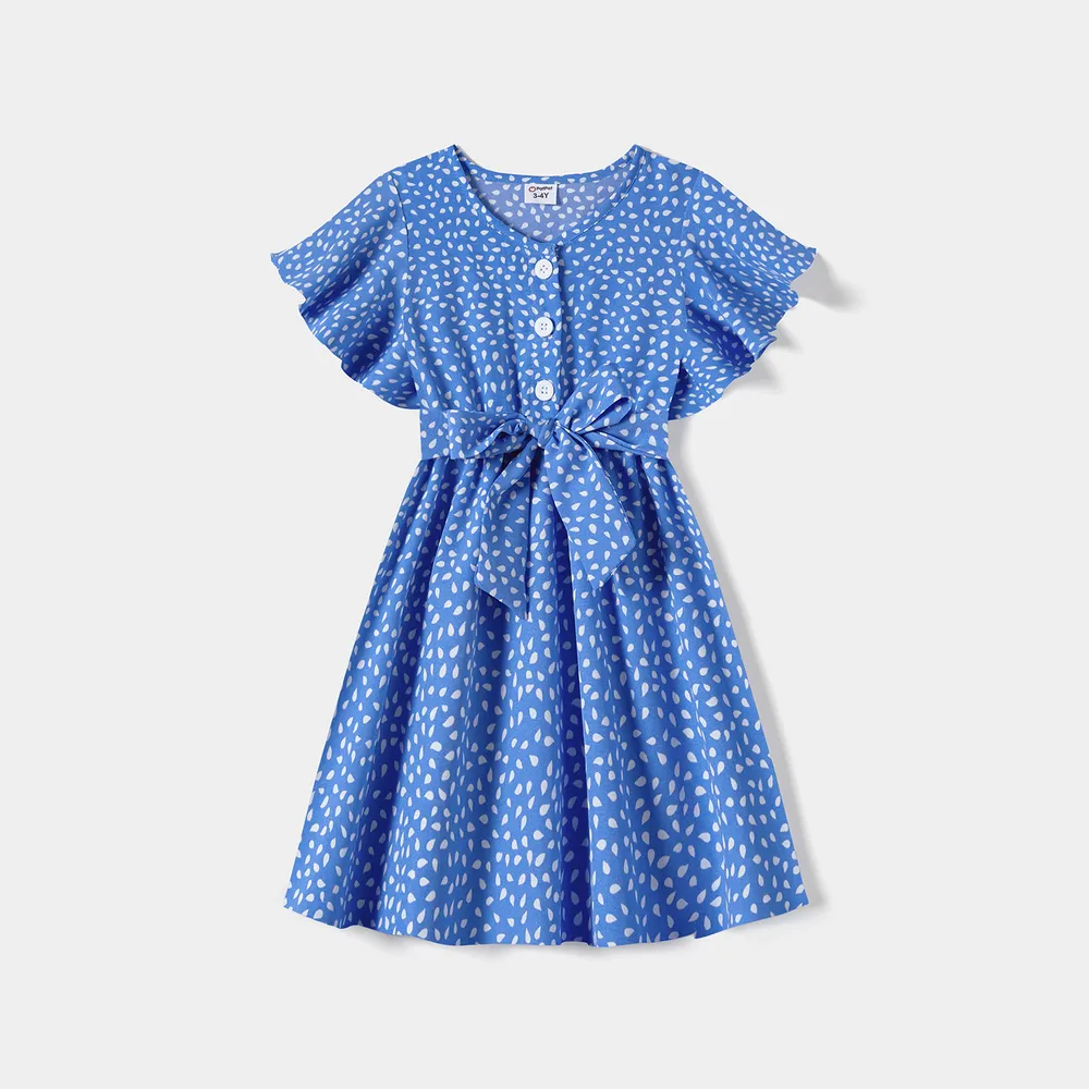 Family Matching Dots Pattern Belted Ruffle-sleeve Dresses and Colorblock T-shirts Sets  big image 12