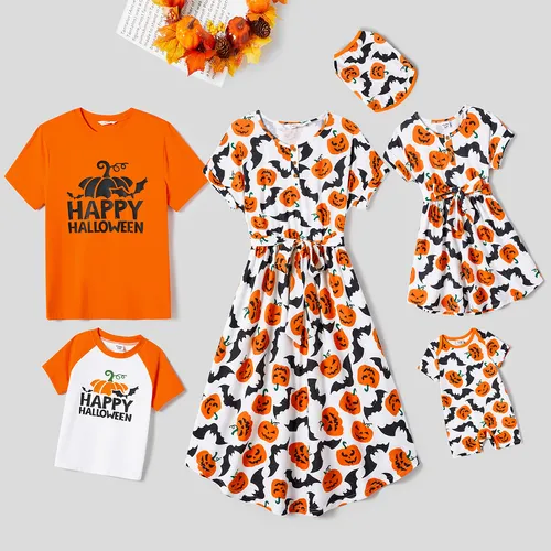 Halloween Family Matching Pumpkin Print Belted Dresses and Solid Letter Print Short Sleeve Tops Sets