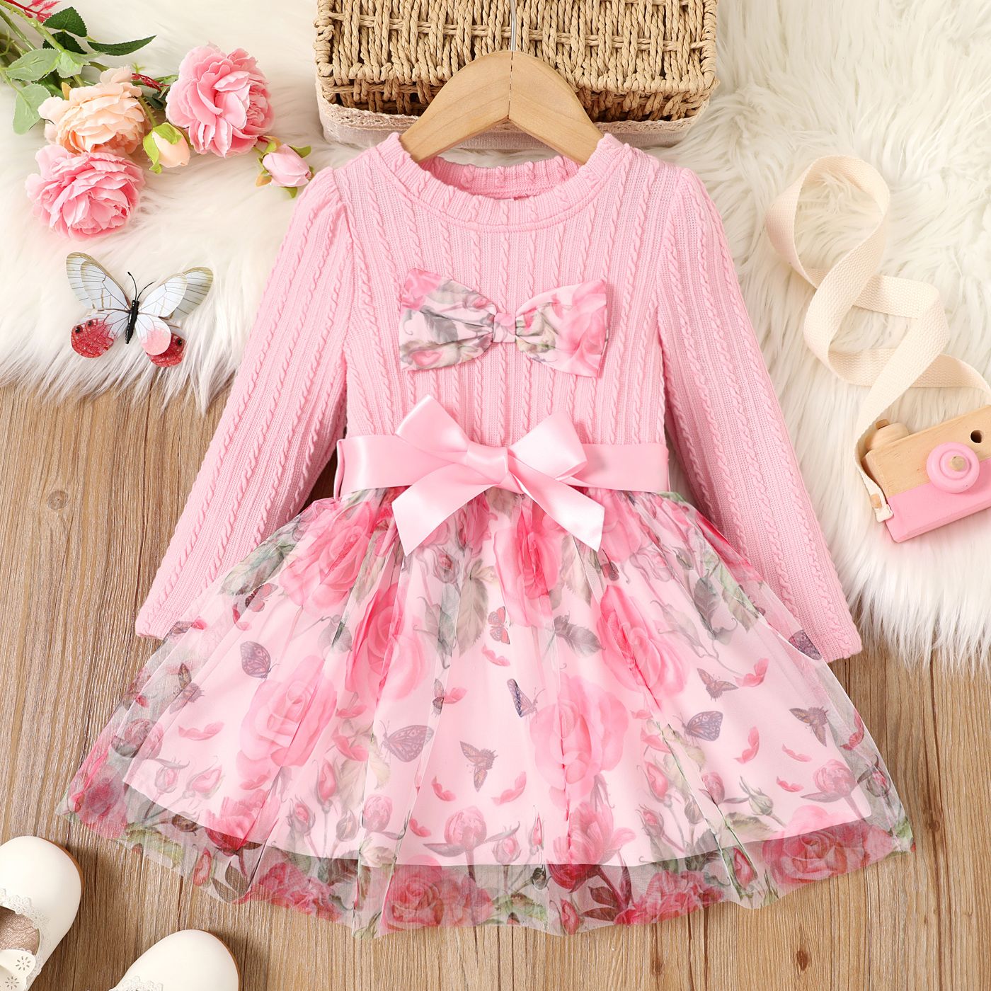 

Toddler Girl Bow Front Floral Pattern Mesh Panel Cable Knit Belted Dress