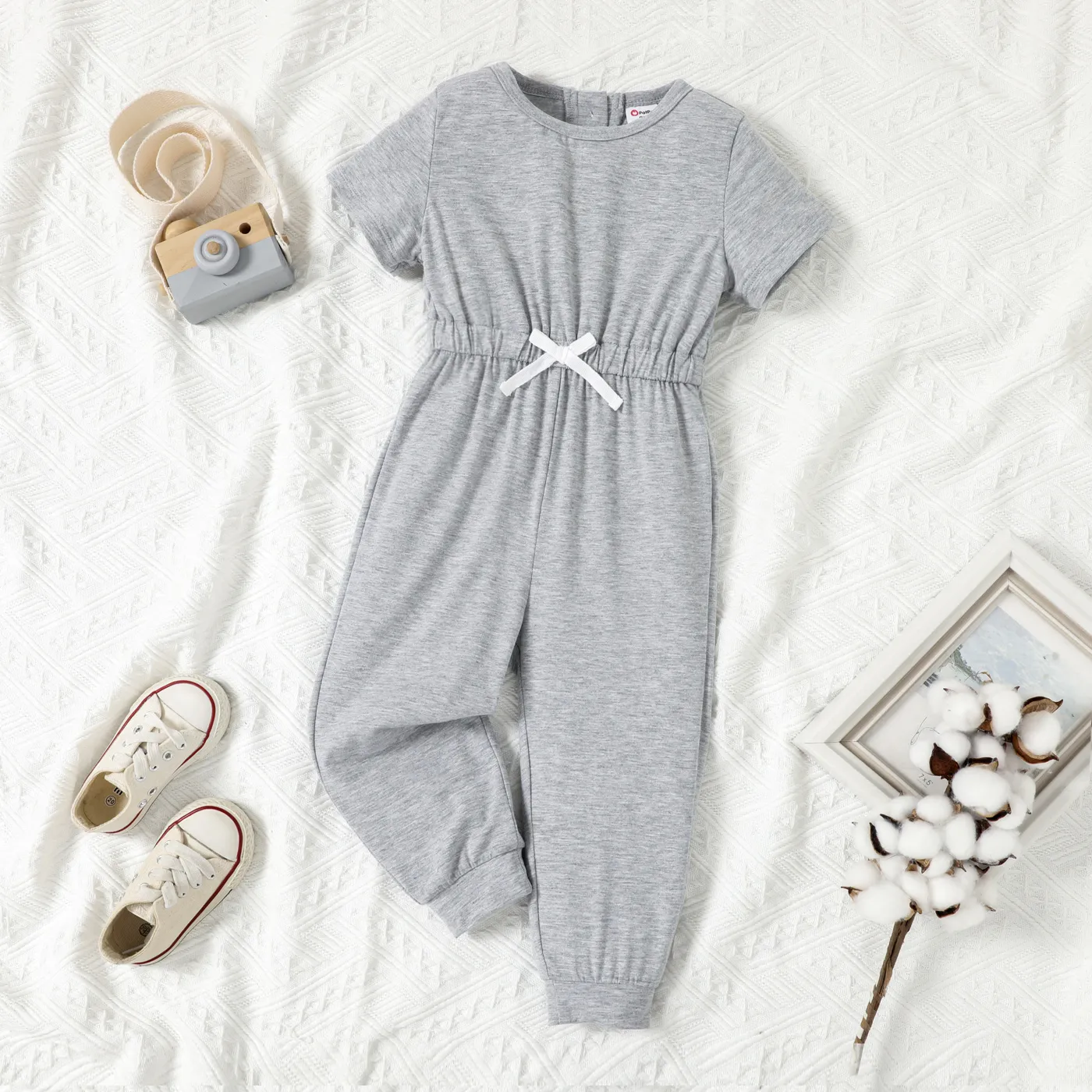 Toddler Girl Back Button Short-sleeve Solid Jumpsuit 