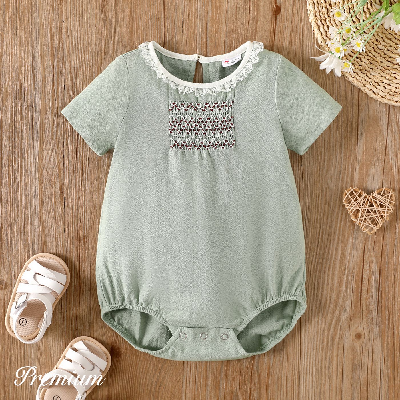 Baby Girl 100% Cotton Lace Detail Short-sleeve Romper