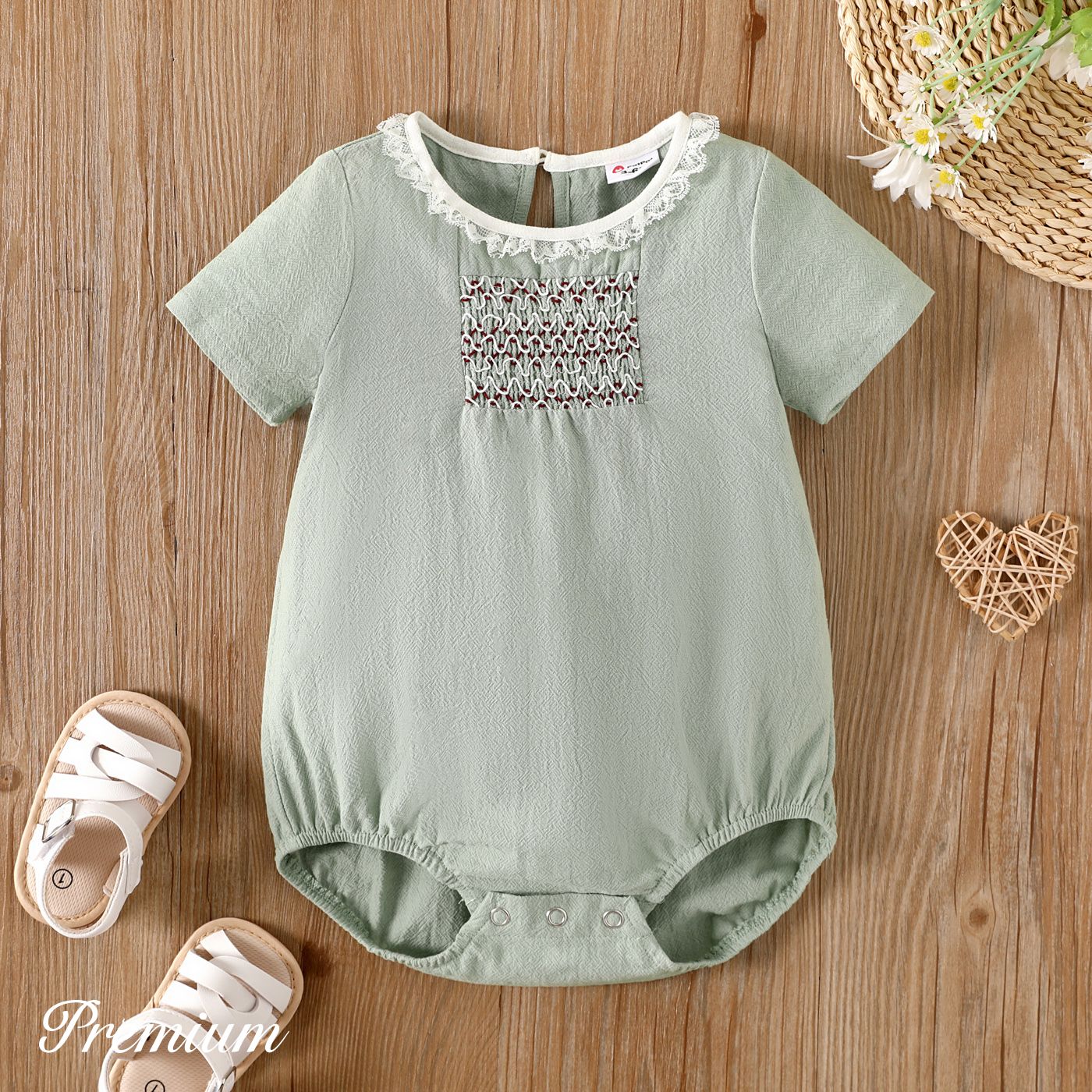 

Baby Girl 100% Cotton Lace Detail Short-sleeve Romper