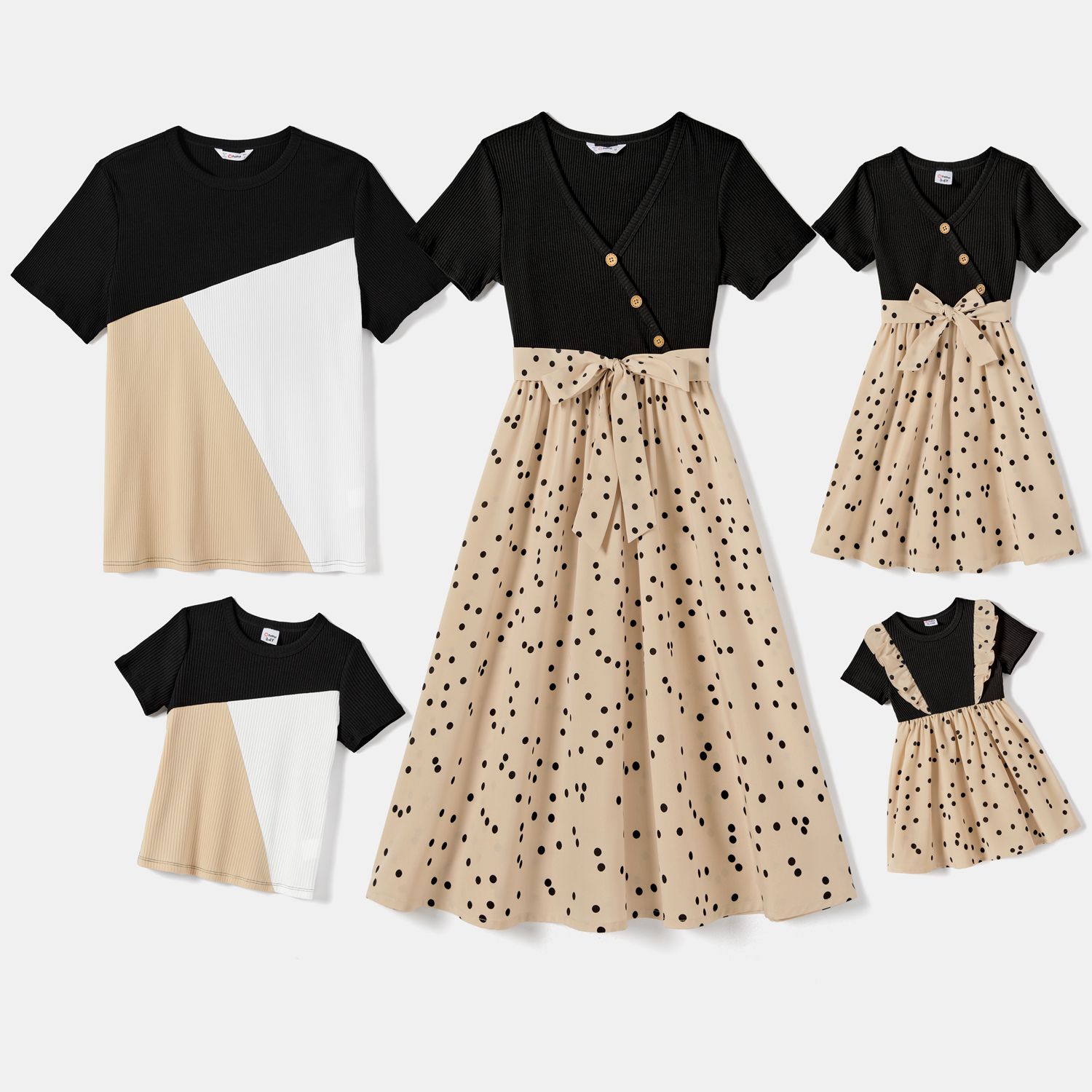 Family Matching  Polka Dot Dresses And Short-sleeve Colorblock T-shirts Sets