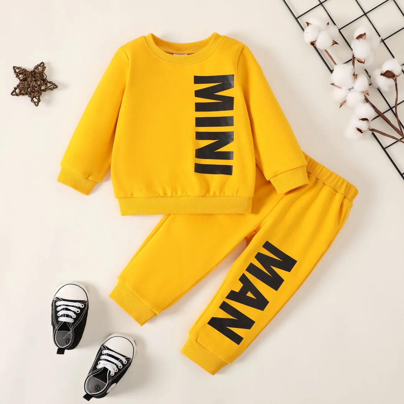2pcs Baby Boy Letter Print Pullover Sweatshirt and Pants Set  Yellow big image 1