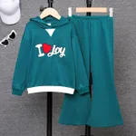 2pcs Kid Girl Letters Heart Embroidery Hoodie and Solid Flared Pants Set Turquoise