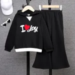 2pcs Kid Girl Letters Heart Embroidery Hoodie and Solid Flared Pants Set Black
