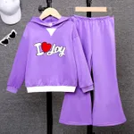2pcs Kid Girl Letters Heart Embroidery Hoodie and Solid Flared Pants Set Purple