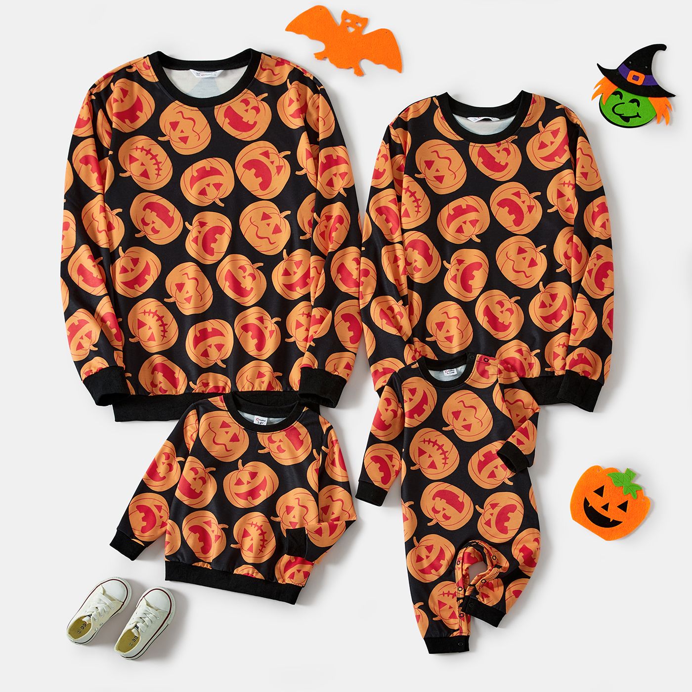 Halloween Family Matching All Over Pumpkin Print Longeeve Crewneck Tops