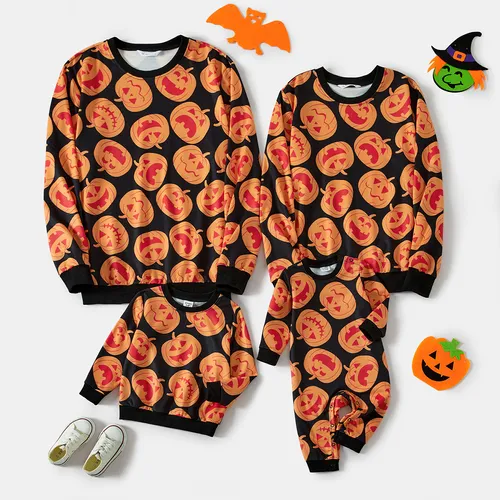 Halloween Family Matching All Over Pumpkin Print Long Sleeve Crewneck Tops
