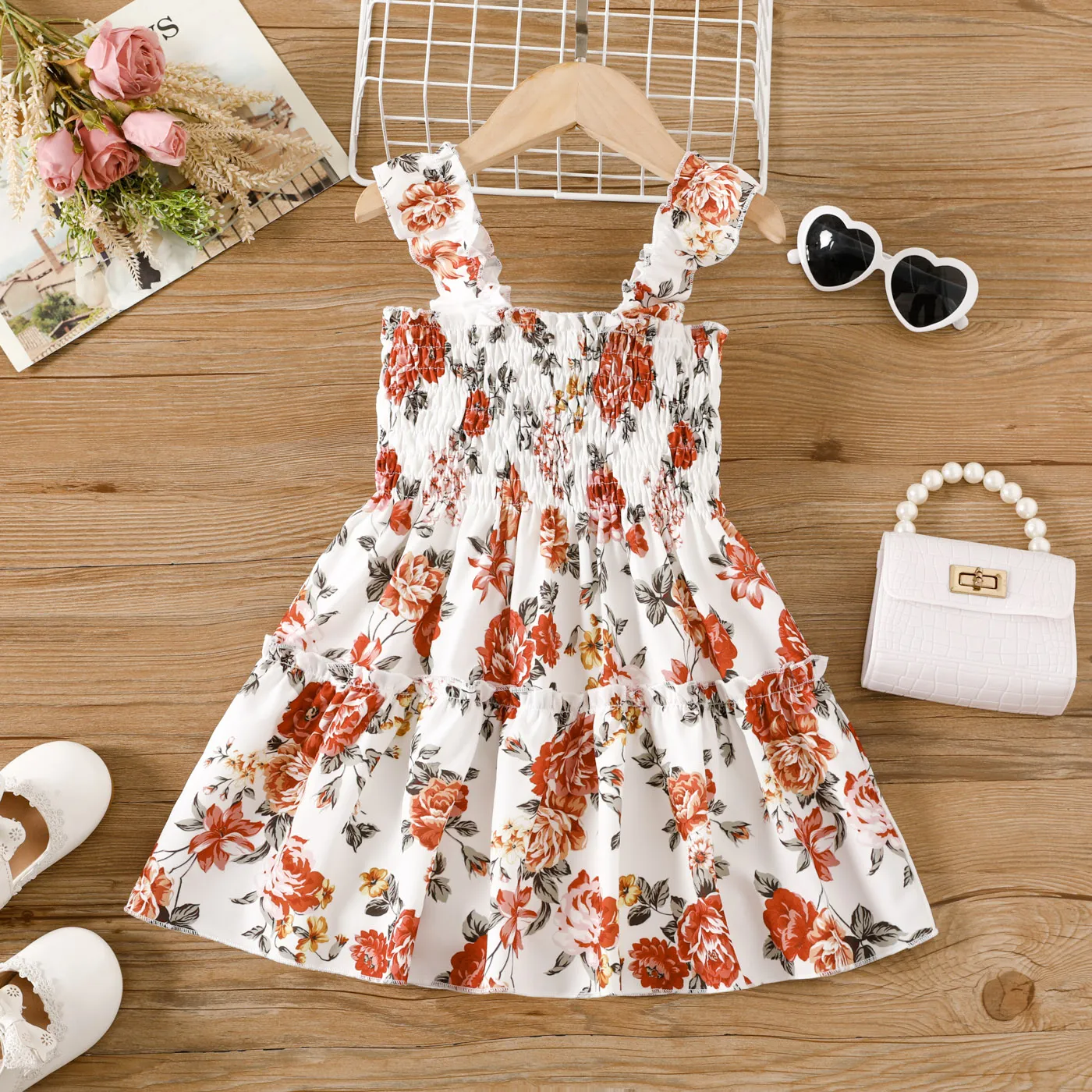 Toddler Girl Allover Floral Print Smocked Ruffled Tank Dress 