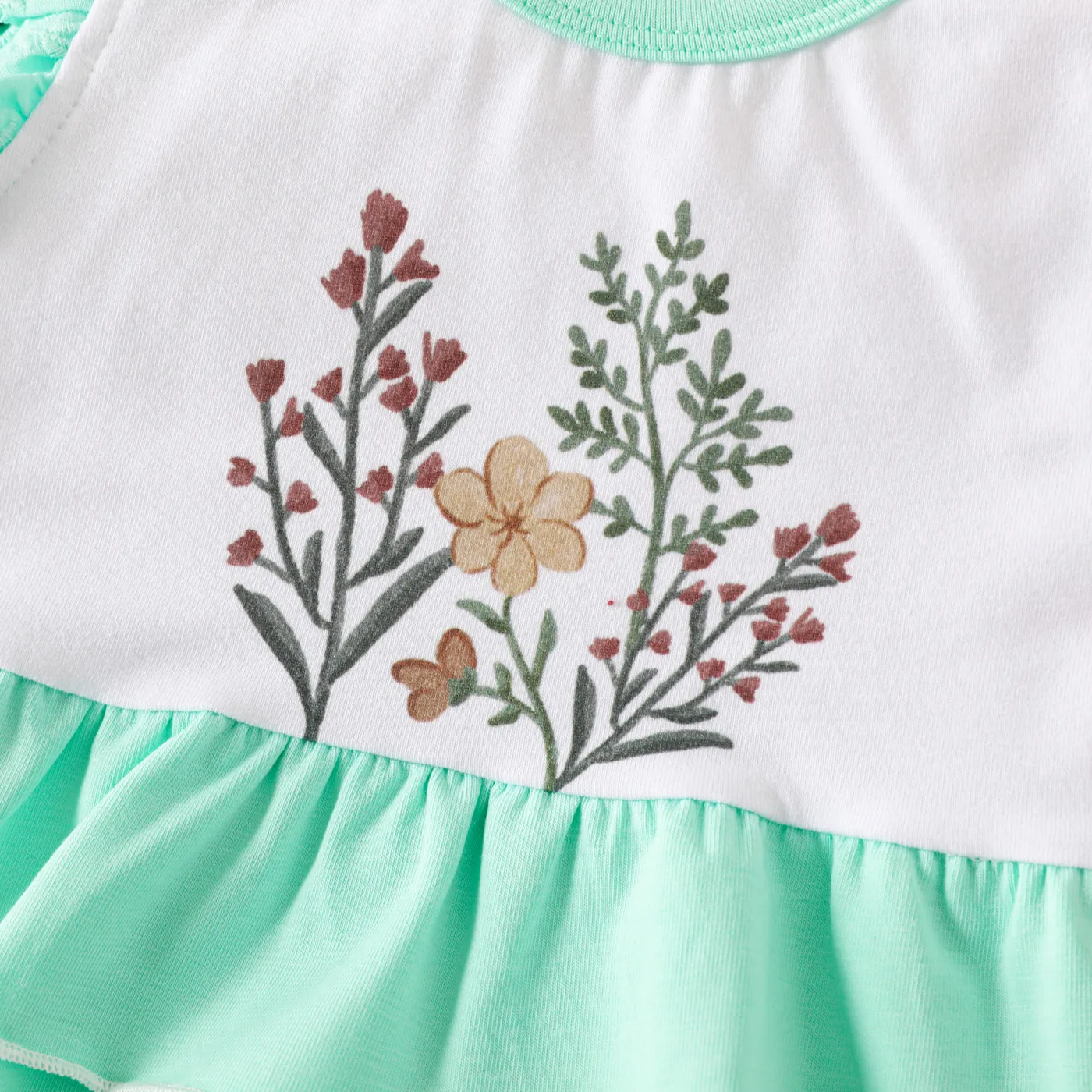 Baby Girl Cotton Floral Print Flutter-sleeve Layered Hem Tee Green image 4
