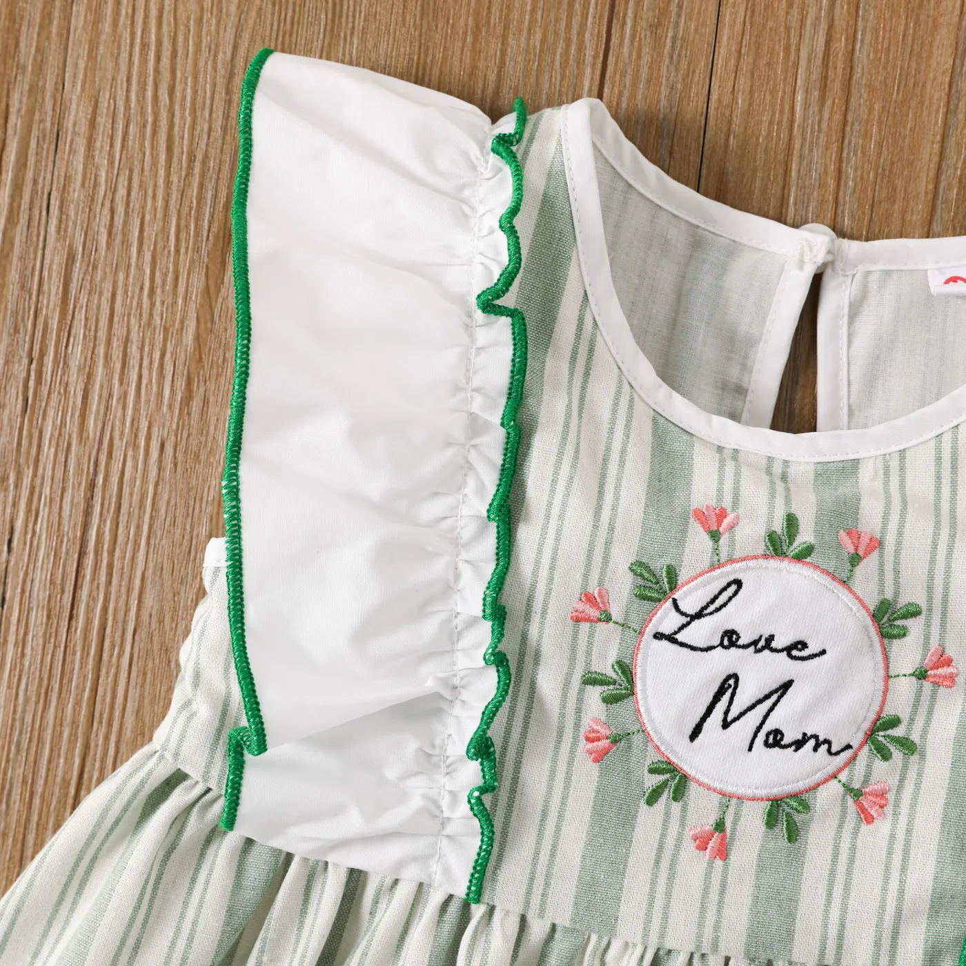 Baby Girl Letter & Floral Embroidered Ruffled Striped Tank Dress Green image 3